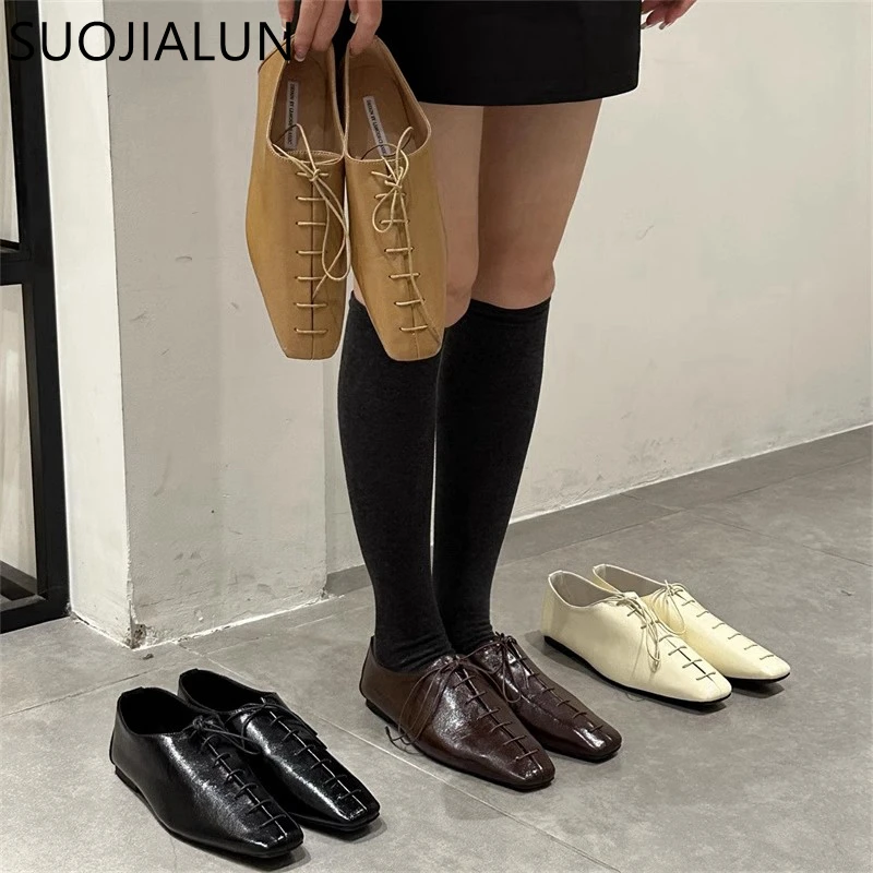 SUOJIALUN 2024 Spring New Women Flat Shoes Fashion Square Toe Lace Up Ladies Casual Laofer Shoes Soft Flat Heel Dress Single Sho