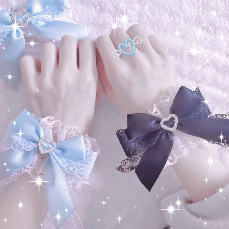 1 par de muñequeras góticas de Lolita, dulce lazo de satén con volantes, pulsera de tul de encaje Floral, funda de mano para Cosplay de sirvienta japonesa