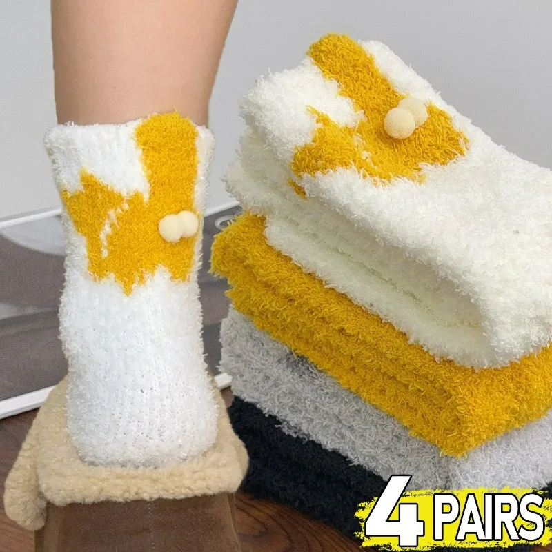 

1-4 пары носков с изображением кота, плюшевые коралловые флисовые зимние теплые носки до середины икры для женщин, мягкие удобные домашние носки, нескользящие чулки