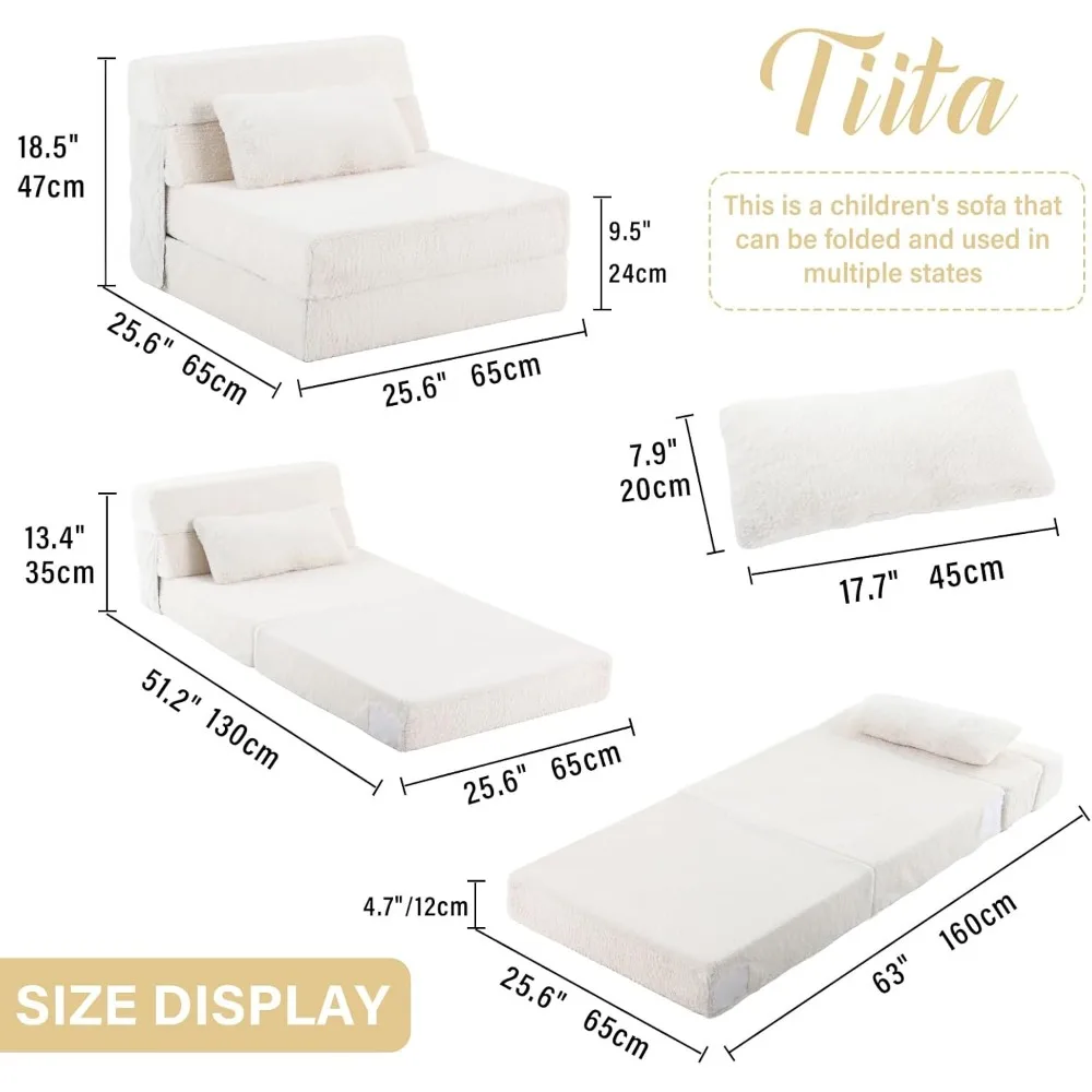 أريكة سرير للأطفال قابلة للتحويل مع مرتبة رباعية الطي، وسادة، أريكة قطيفة، تخزين محمول، كرسي للاسترخاء المريح
