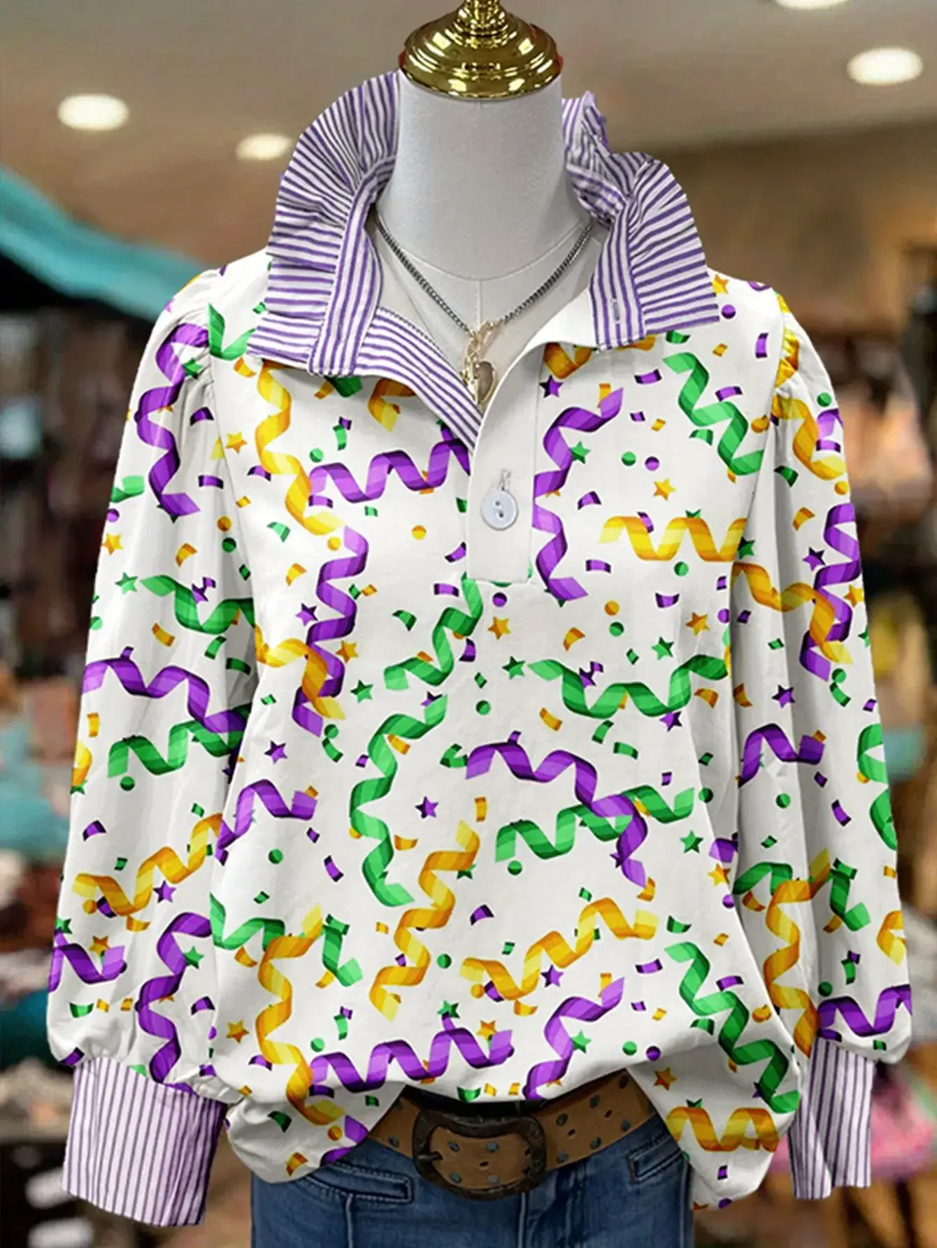 Spring and Autumn Winter New Women's Stand up Collar Shirt Christmas Long Sleeve, Atmosphere Christmas Lights