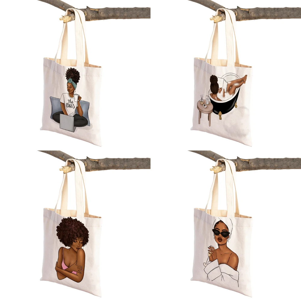 Casual African Girl Shopping Bag for Women Reusable Double Sided Print Beautiful Black Fashion Lady Canvas Tote Handbag