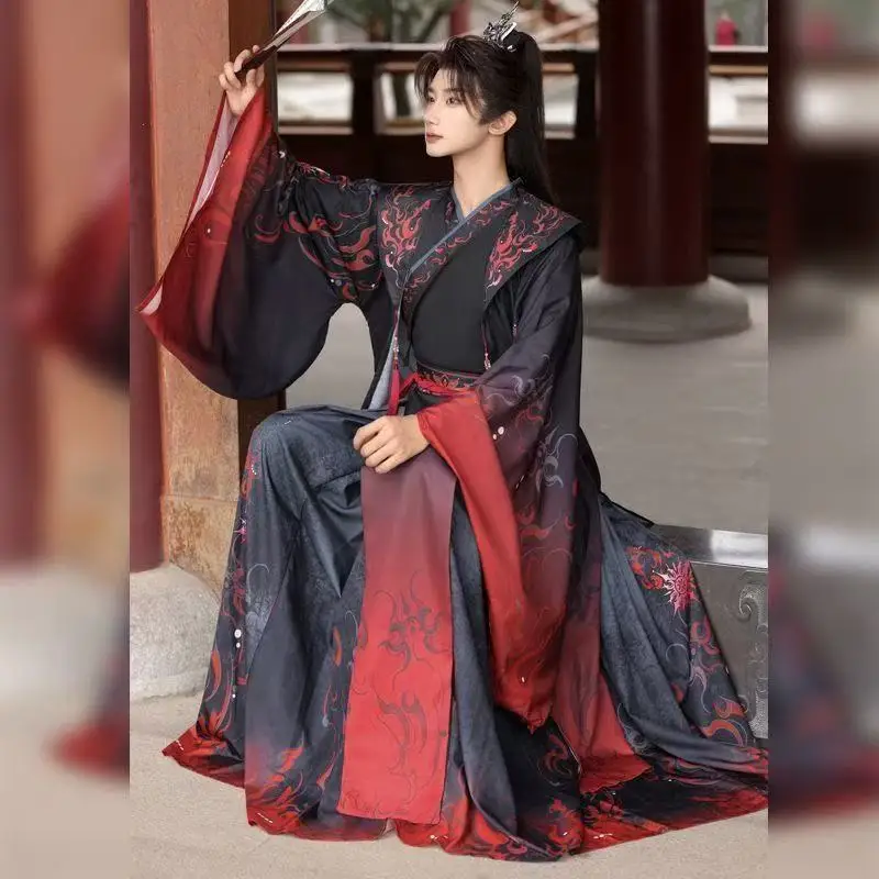 التقليدية الصينية Wuxia Hanfu الرجال النساء Weijin فترة عبر طوق زي خمر أسود أحمر هالوين المبارز تأثيري البدلة