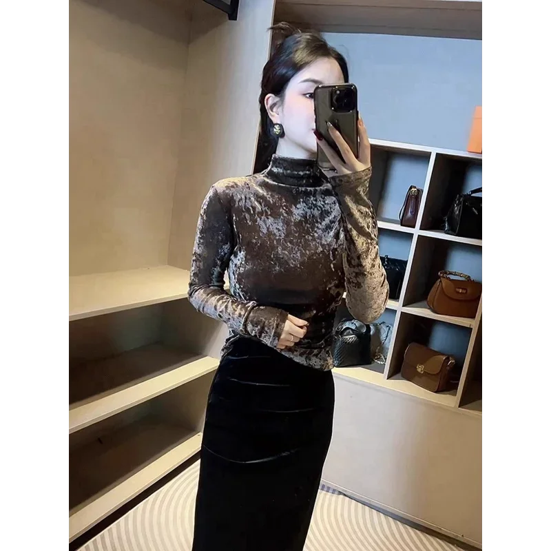 

Half Turtleneck Gold Velvet Long-sleeved T-shirt Women New Autumn Winter Stylish Inner Layer Slim Bottoming Shirt Top