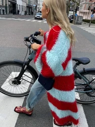 Chic Striped Knit Long Coat Women Lantern Sleeve Thicken Warm Cardigan Jacket 2024 Winter Fashion Female Street Outwears