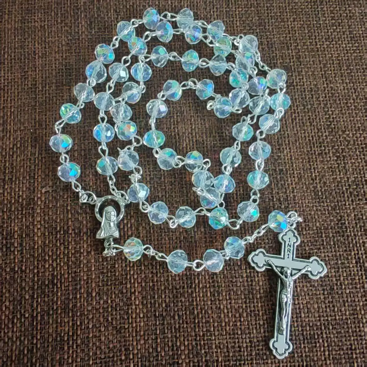 6*8mm AB plating facet crystal rosary necklace religious use Jesus cross rosary with virgin Mary center