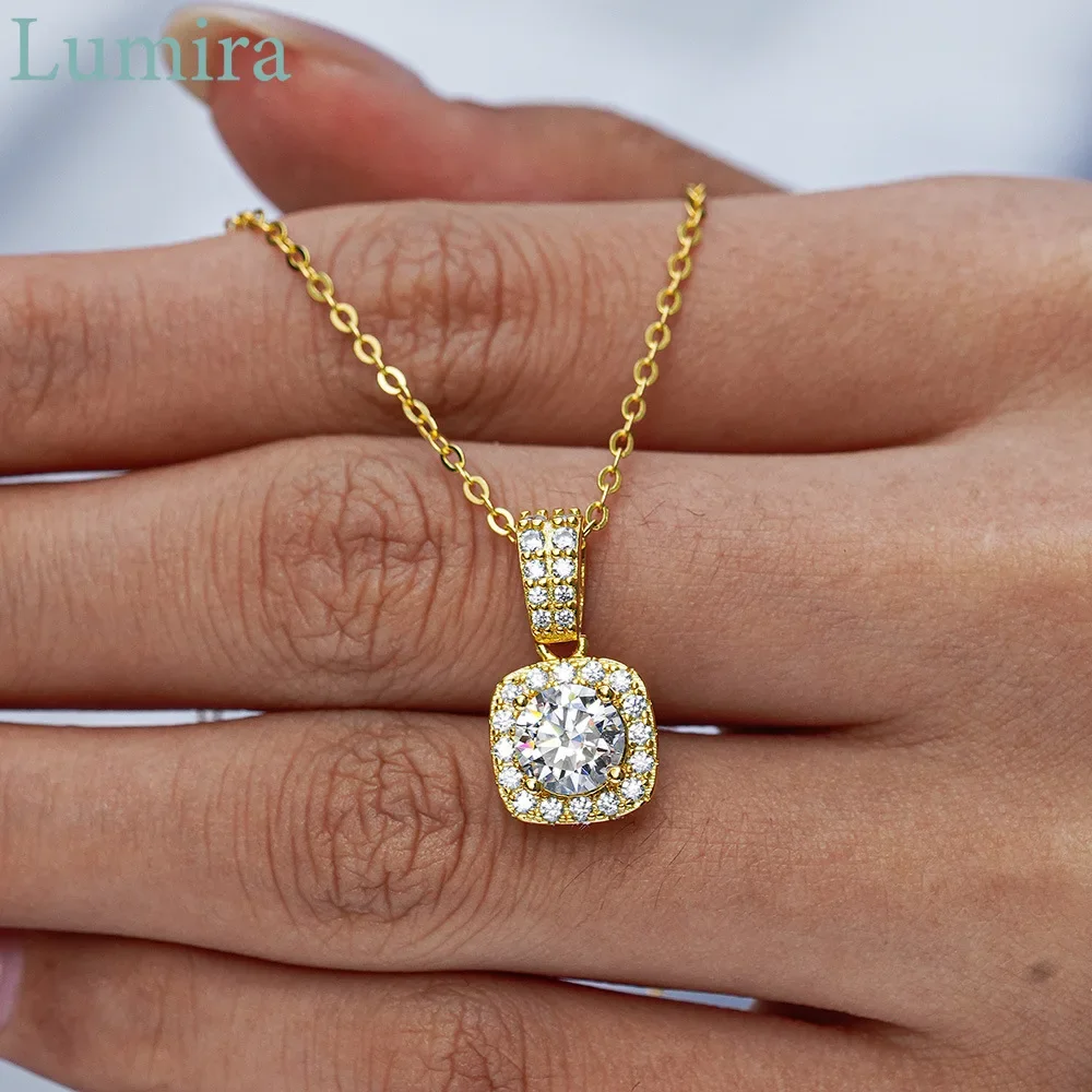 Lumira Sparkling 18K Gold Classic Square Wrapped Diamond-studded Pendant with 1 Carat Moissanite Necklace for Women Jewelry