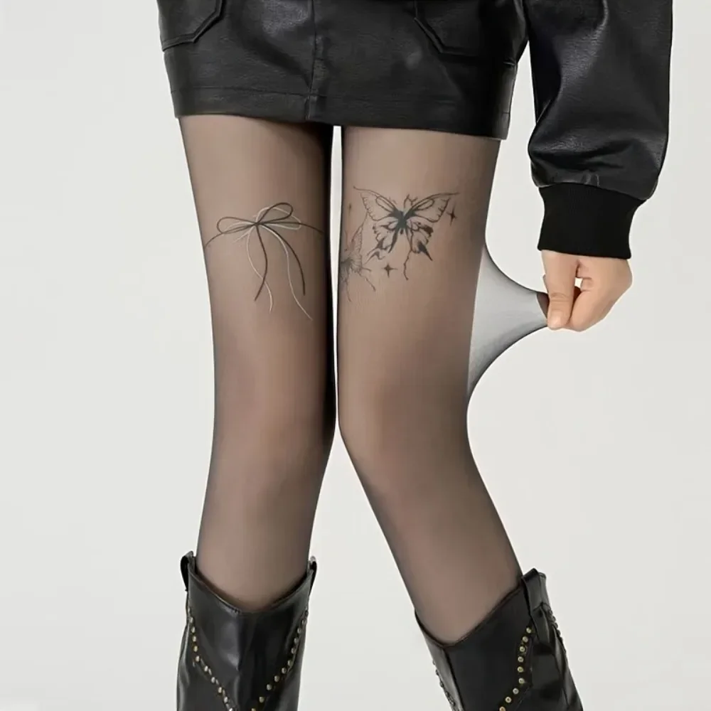 Sexy Black Lace Ultra-Thin Stockings Women's Vintage Tattoo Print Pantyhose Spring Thin Model Black Silk Bottom Stockings