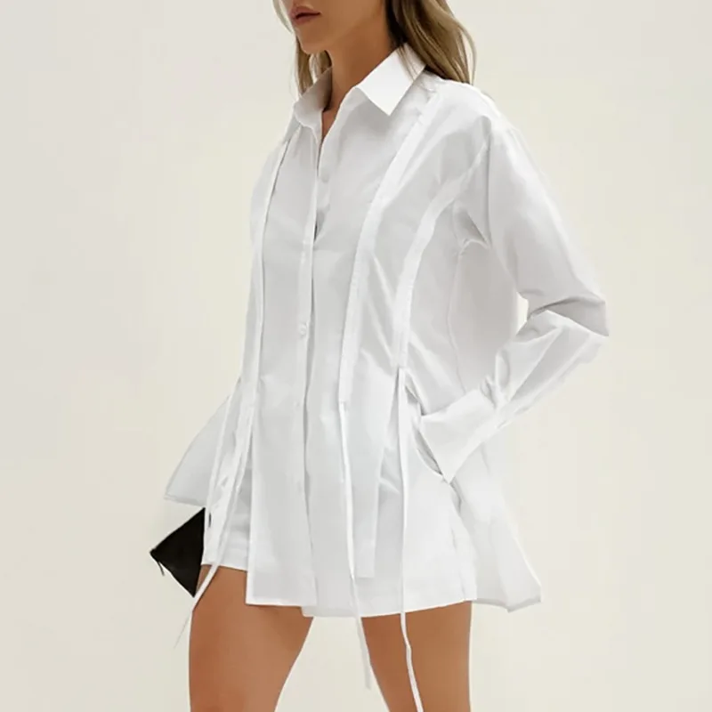 2-teiliges Damen-Set mit weißem Schlitz, langärmelig, zum Binden, Schnürung, Hemd, Quaste, langärmelig, Revers, einreihig, Shorts, Hosen, Anzüge, Pendler