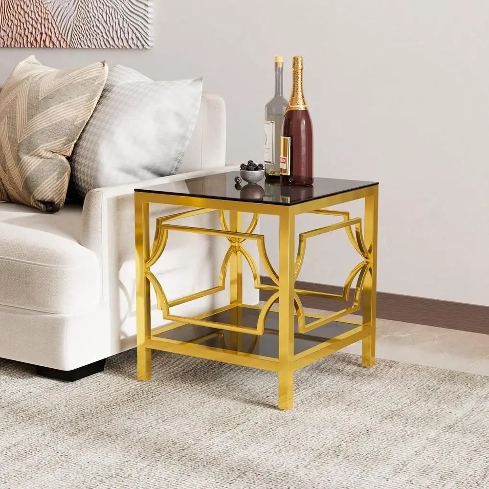 

19.7 Gold Square Side Table with Tempered Glass Top and Storage Shelf, Elegant Glam End Table for Living Room or Bedroom, Ideal