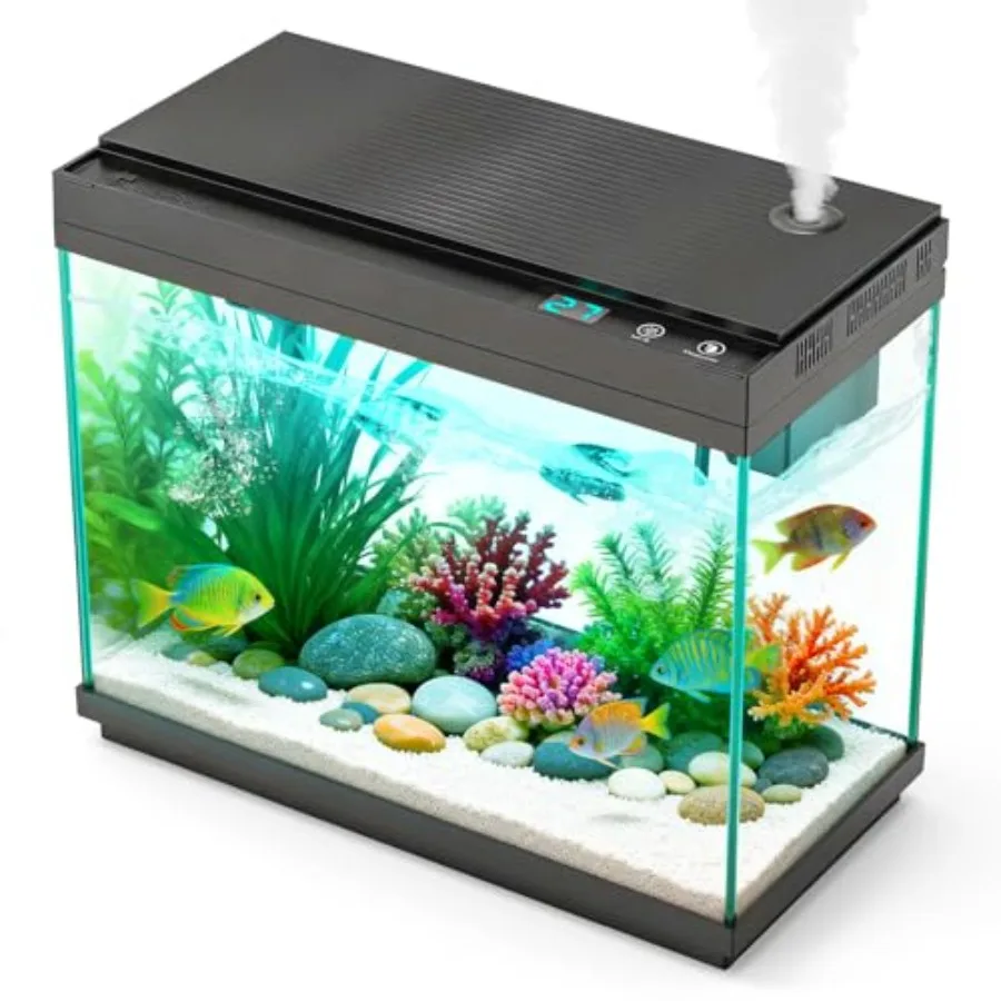 

Smart Aquarium Fish Tank with Silent Water Pump, 2.4 Gallon Small Aquarium with Quick Start Kit, Temperature Display, Humidifie