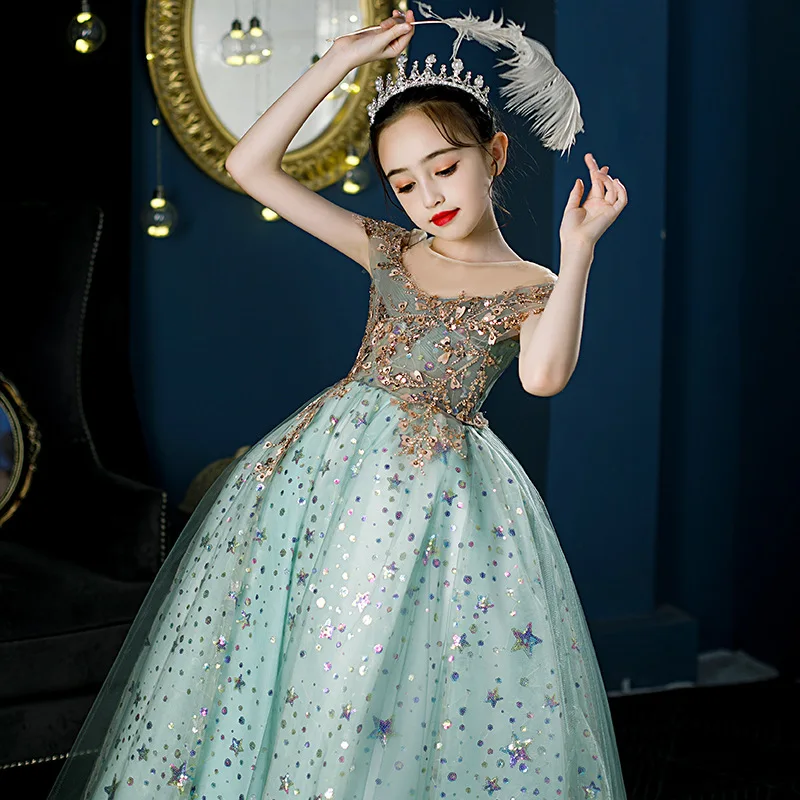 Child Girls Evening Dresses for Wedding Party Formal Prom Long Dress Cute Fluffy Tulle Star Ball Gown Kids Ceremony Guest Frock