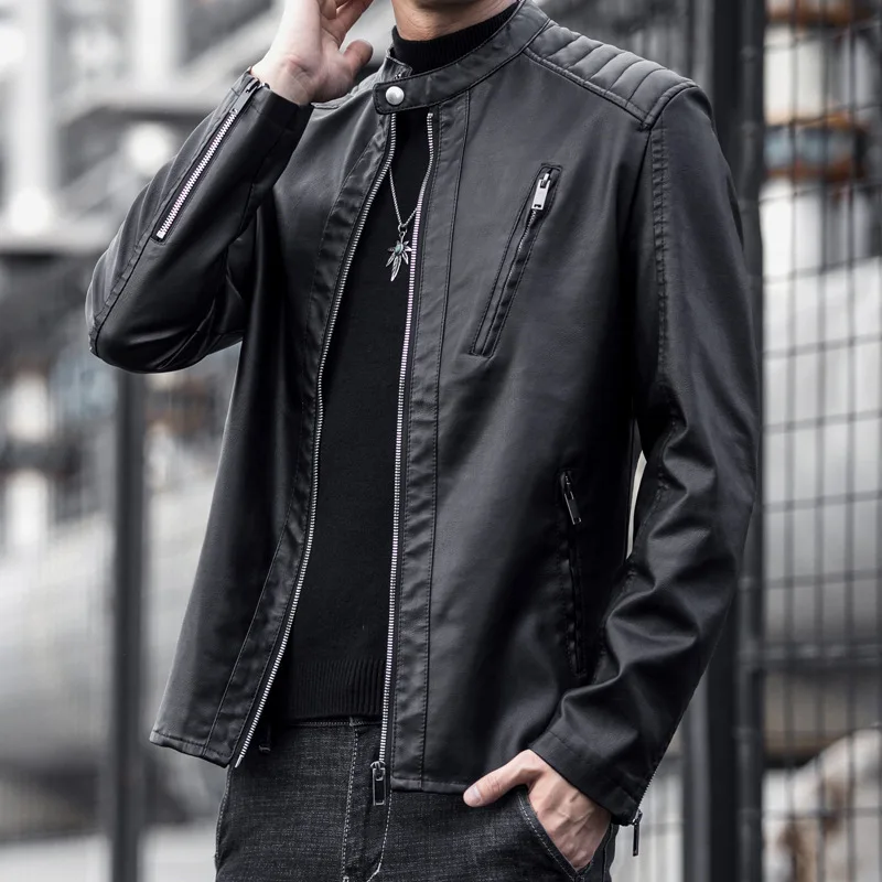 

New Fashion Men Slim Fit Motorcycle Leather Jackets Man Spring Stand Collar Casual PU Leather Coats Quality Male Thin Jackets 5X