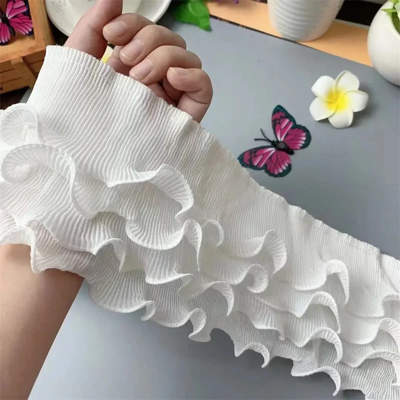 11CM di larghezza quattro strati Chiffon 3d pieghettato tessuto nastro ricamo elastico pizzo frange volant Trim abito Guipure fai da te cucito Decor