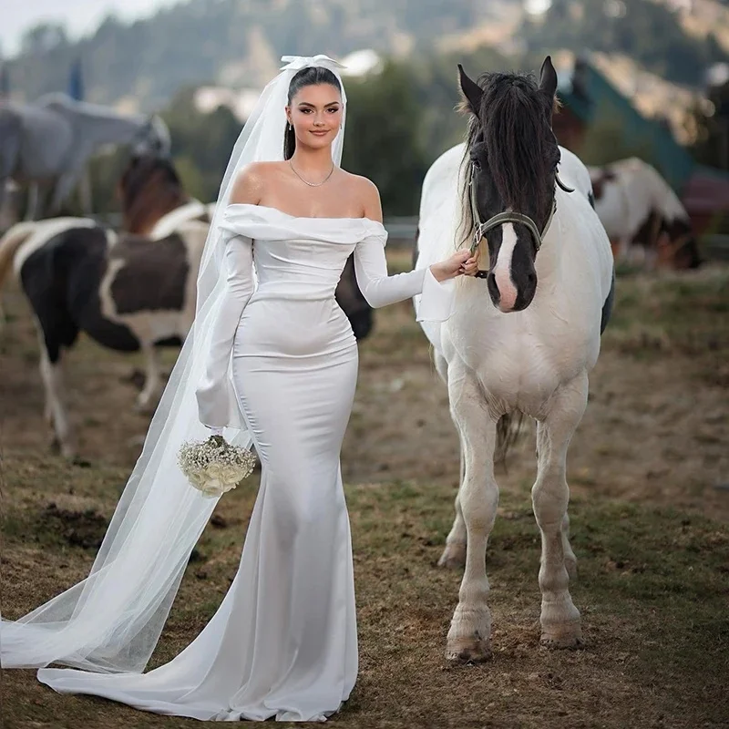 Gaun pengantin duyung putih pengukuran, gaun bahu terbuka lengan panjang, gaun pengantin Formal putri elegan 2025