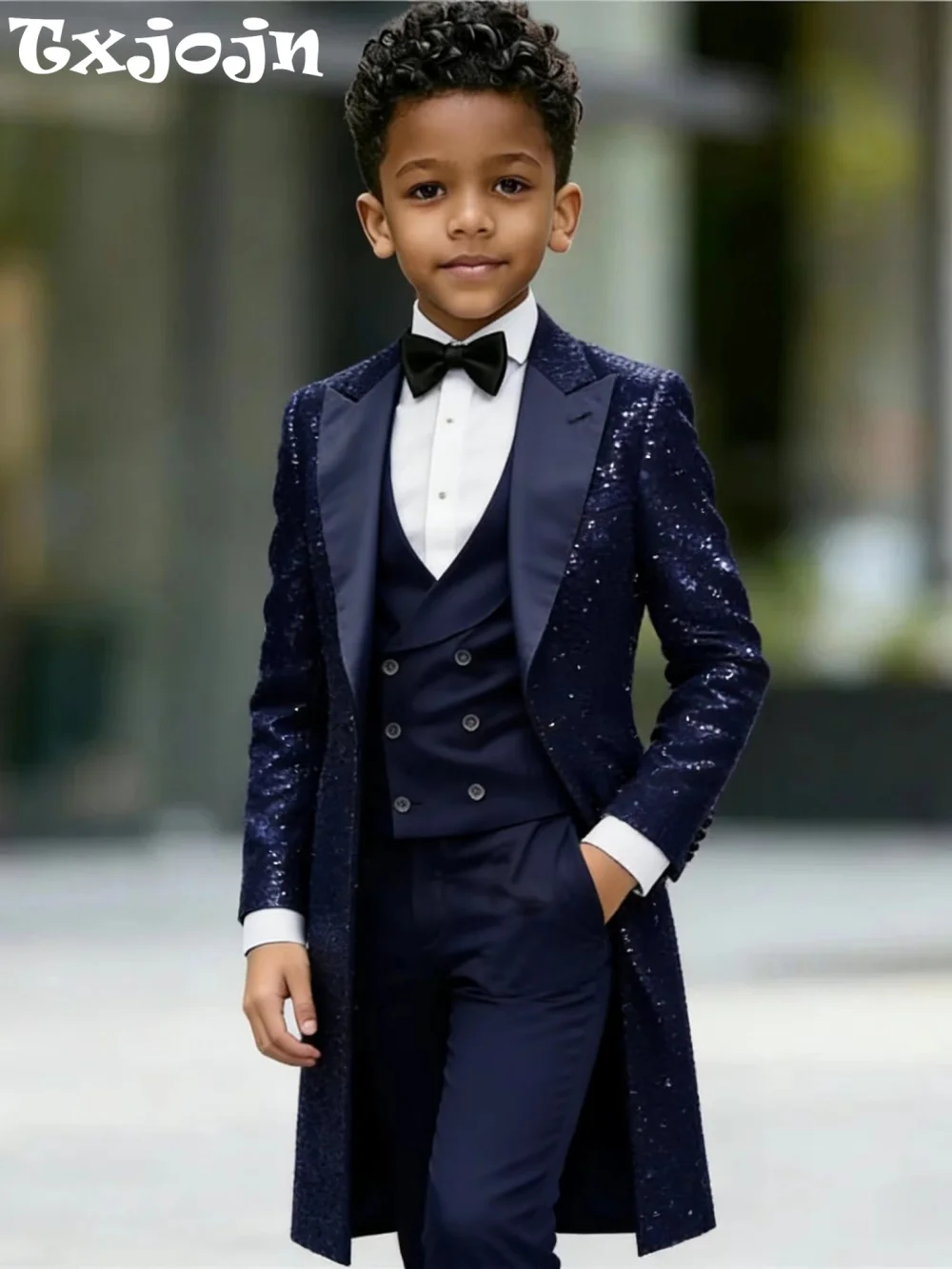 Txjojn New Boys Sequined Long Jacket Suit Set 3 Pieces Formal Party Wear Handsome Chic Peak Lapel Kids Tuxedo For Birthday 2-20T