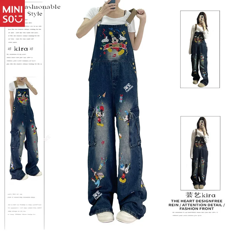Джинсовый комбинезон с 3D вышивкой и рисунком Микки — женский комбинезон с широкими штанинами High Street, мягкая прочная ткань, регулируемые бретели