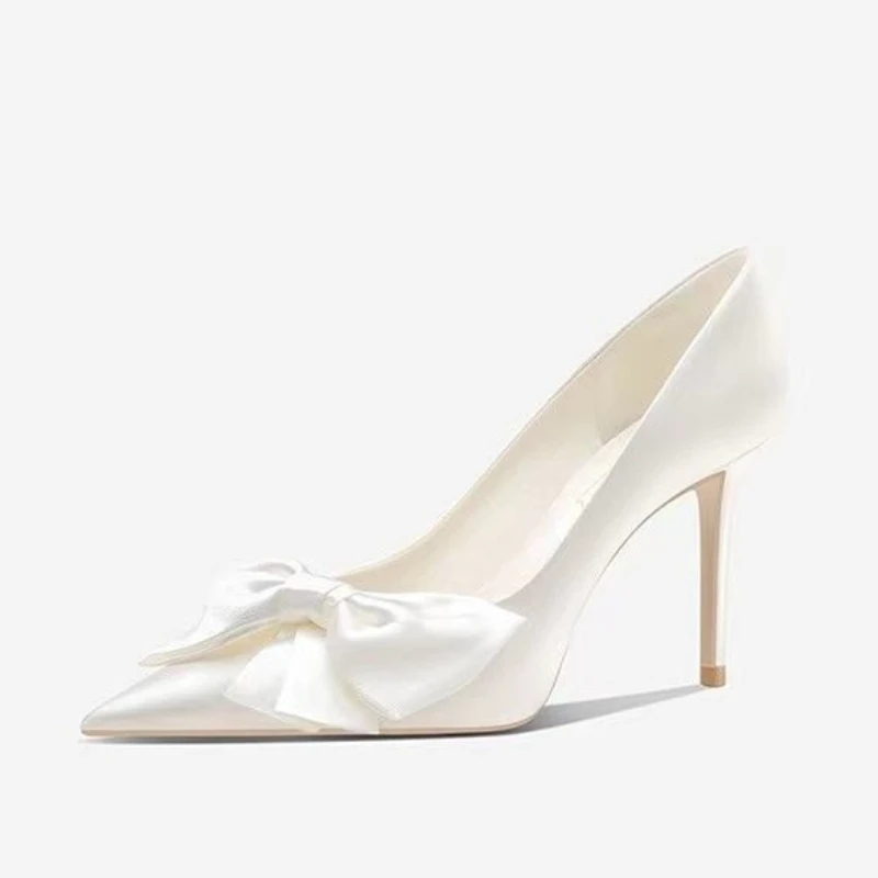 

French White Satin High Heels Daily Work Shoes Wedding Shoes Bridal Bow Single Shoes Women