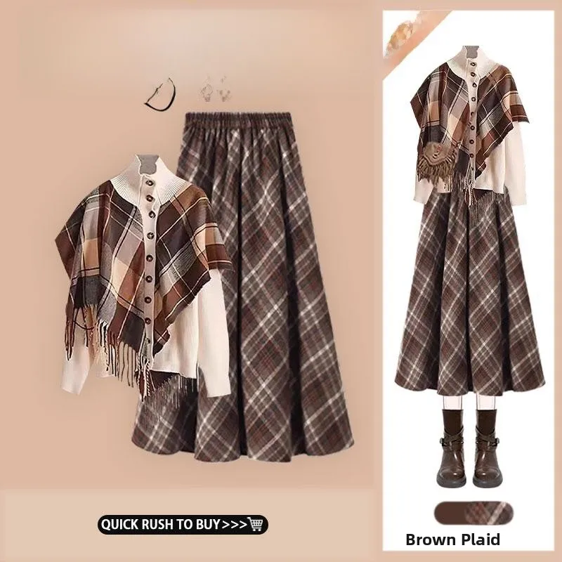 

Осенне-зимний вязаный свитер с высоким воротом и имитацией двухслойности, шерстяная юбка с высокой талией, комплект из двух предметов для женщин