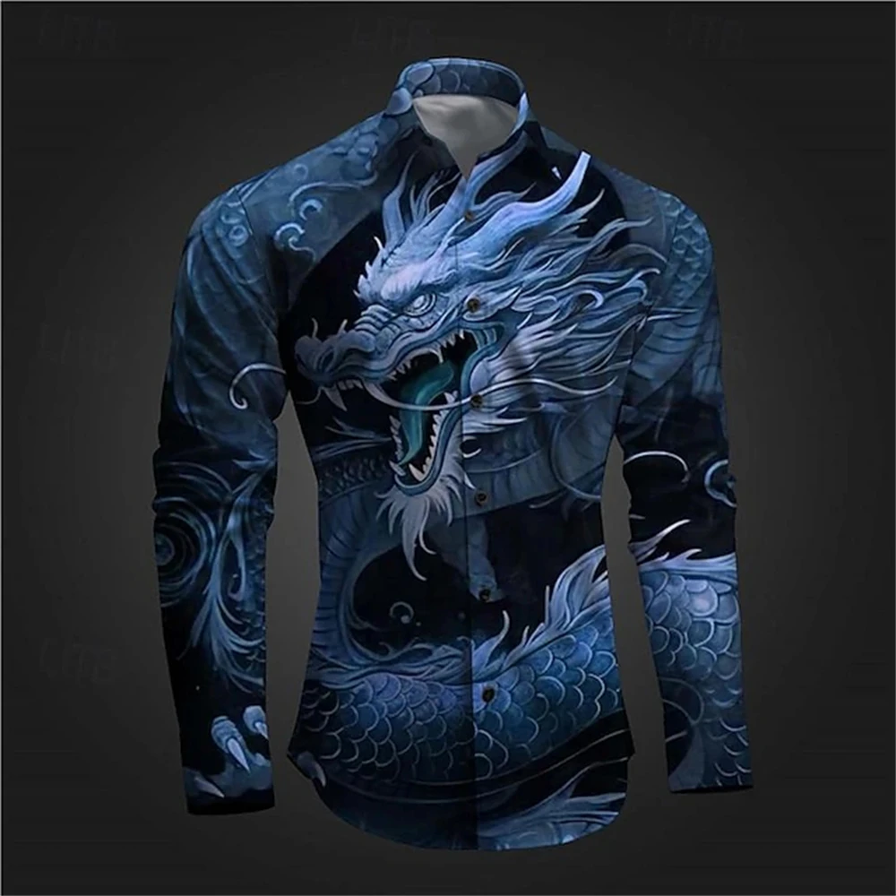 Fashion Golden Dragon patterns 3D Print Mens Long Sleeve Shirt Autumn Button Down Casual Animal Shirt Lapel Mens Clothing Tops