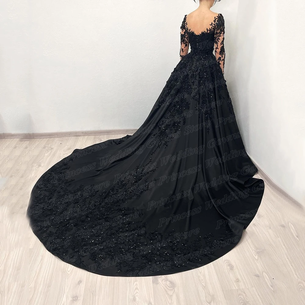 Black Gothic Wedding Dress Illsuion Long Sleeve Glitter Applique Lace Chapel Train A Line Sheer Elegant Bridal Gown For Bride