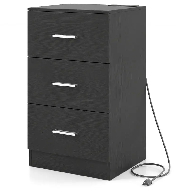 

Nightstand with Charging Station End Table with 3 Storage Drawers Bedside Table for Bedroom-Black