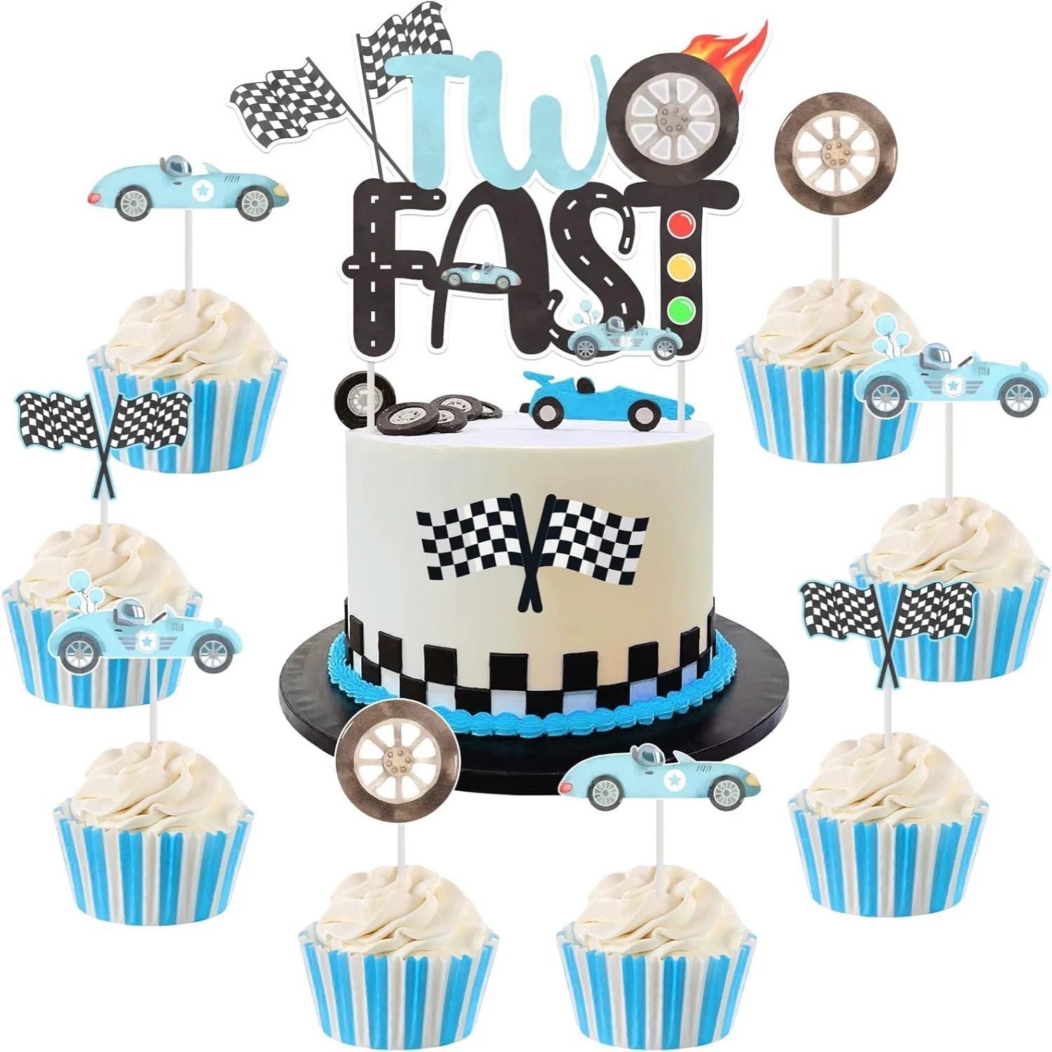 Blauer Rennwagen-Kuchenaufsatz zum 2. Geburtstag mit Cupcake-Aufsätzen, doppelseitig, Let's Go Racing-Flagge, Partyzubehör zum 2. Geburtstag