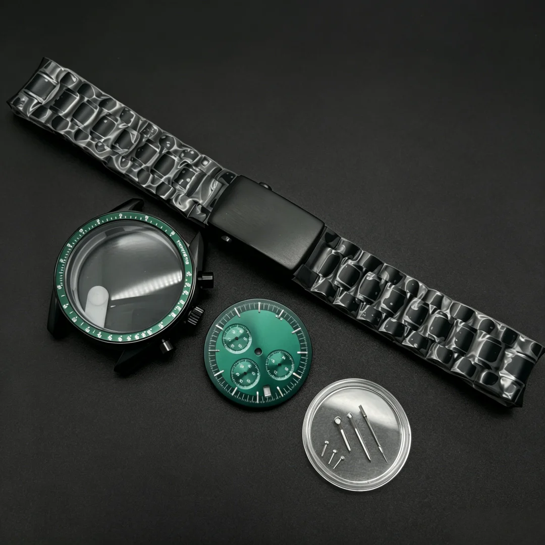 397mm-watch-case-20mm-strap-fit-japan-vk63-vk64-movement-with-324mm-green-luminous-dial-watch-hands-repair-parts