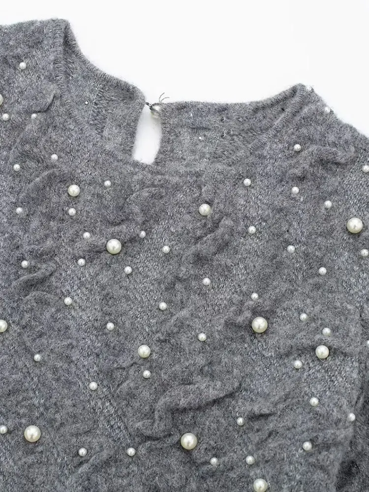Traf 2024 Herbst Winter Frauen künstliche Perle strukturierte Strick pullover Mode Langarm Vintage kausalen Pullover lose Tops