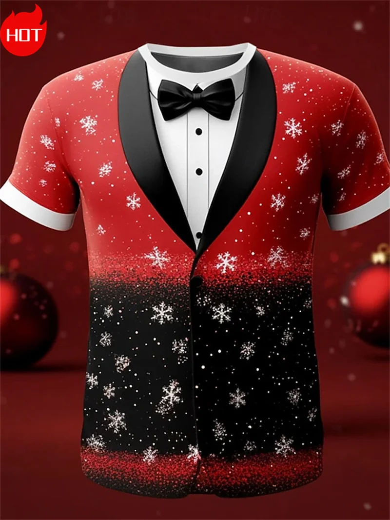 3D Merry Christmas Bow Tie Print T Shirt Cute Santa Claus Reindeer Graphic Short Sleeves Funny Streetwear Mens Clothing T-shirts