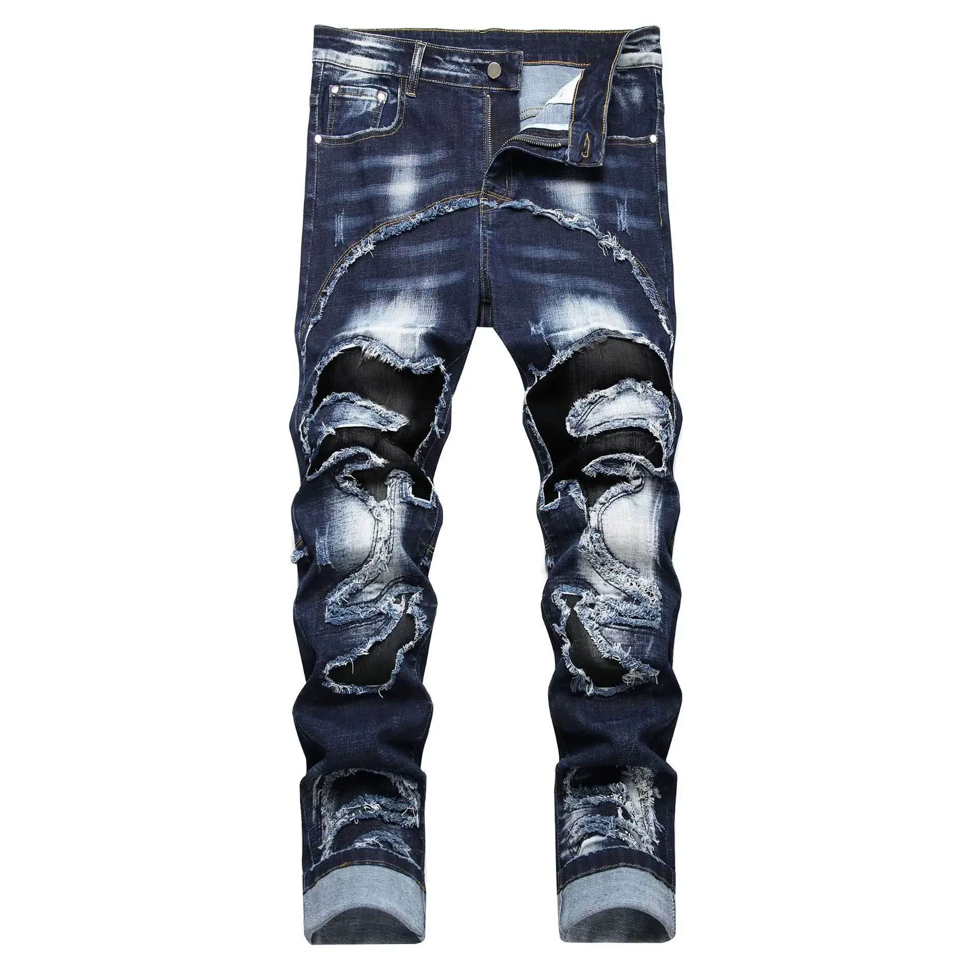 

Men New Stretch Jeans Pencil Jean Ankle Length Denim Washed Trousers Slim Mid Waist Patchwork Distressed Zipper Fly High Street