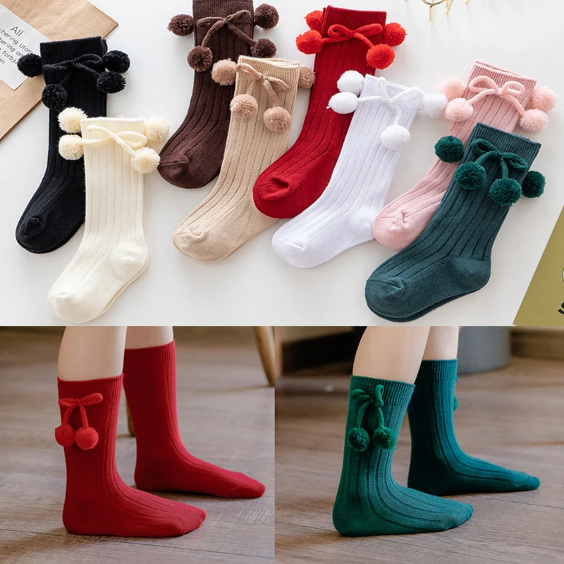 

New Baby Girls Cherry Ball Knee High Socks Toddler In Tube Christmas Socks For Boys Kids Knitted Sock Leg Warmer 0-5 Years