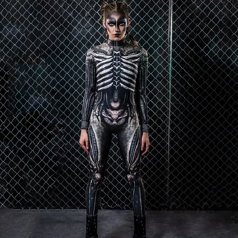 FD518 2023 Printed Halloween Horror Human Skeleton Uniform Tight Jumpsuit Female