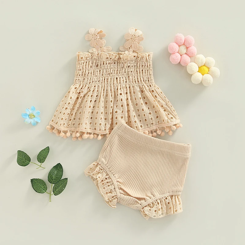 Baby Girls Summer Clothing Sets Flower Strap Sleeveless Hollow Out Tassel Ruffles Tops+Ribbed Knitted Shorts Casual Outfits