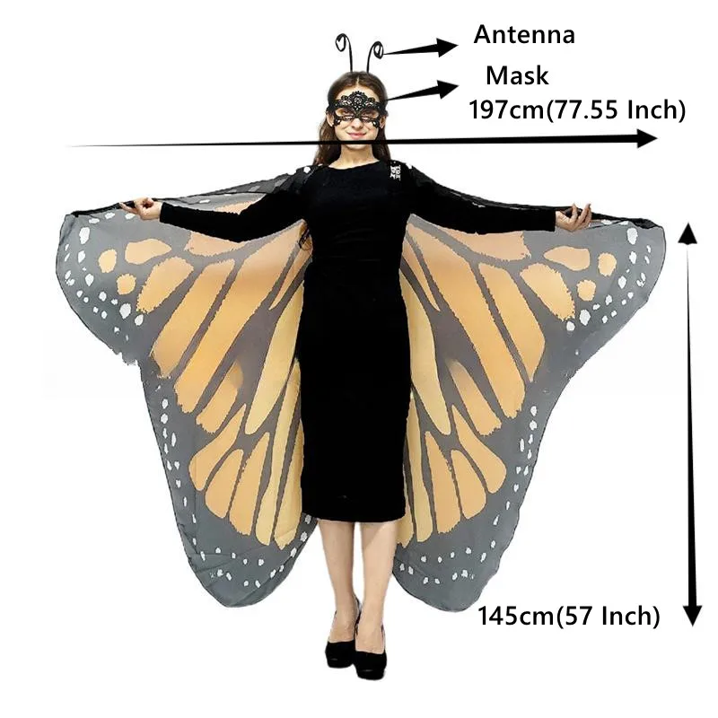 Ensemble de Costume Papillon pour Dames : Cape en Polyester et Bandeau à Papillons * Tenue Fantaisie, Ajustement Élastique Réglable pour Halloween Noël Anniversaire * Accessoires de Cosplay Élégants