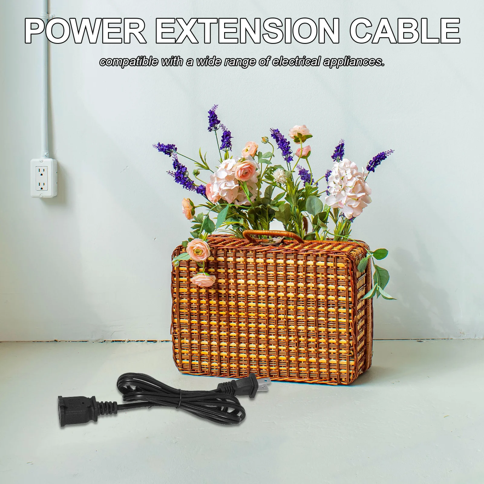 

15M Extension -Prong Plug 10A 125V Solid 18Awg Power Extension Cable Universal Compatibility for Multiple Devices Black