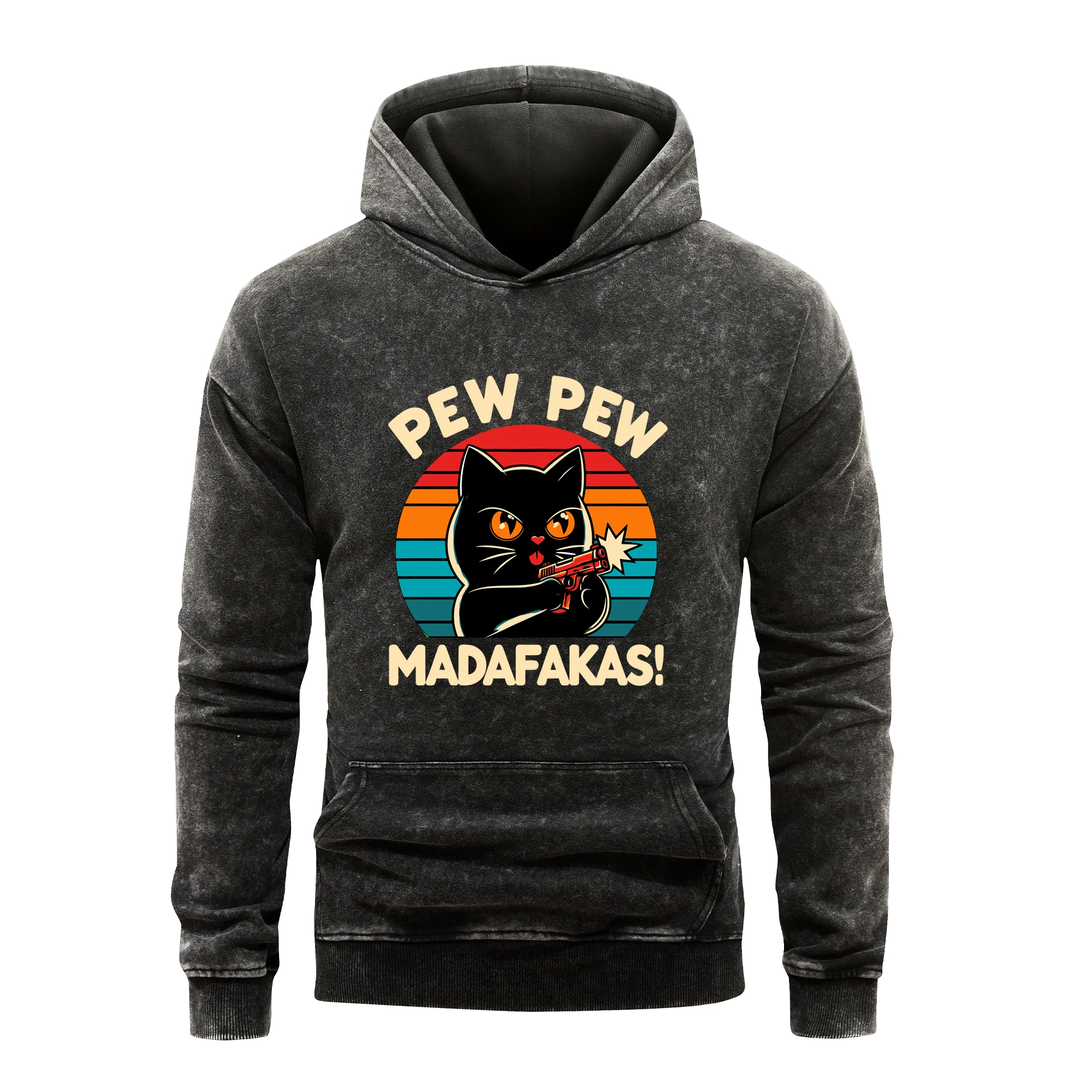 

Pew Pew Madafakas Men Hooded Vintage Washed 100%Cotton Simple Loose Pullover Autumn Warm Fleece Sweatshirthipster Clothes