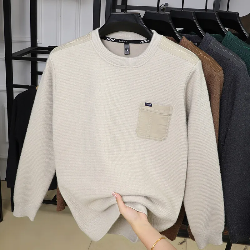 Korean Knit Jacquard Round Neck Sweater for Men Winter Velvet Warm Knitting Pullover Social Casual Knitwear Tops Streetwear