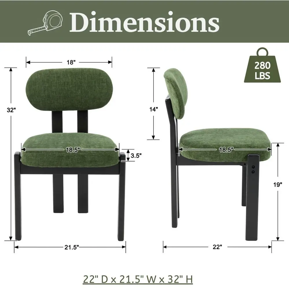 Modern Curved Back Armless Dining Chairs Set of 4, Retro Green Chenille Upholstery with Black Wooden Legs