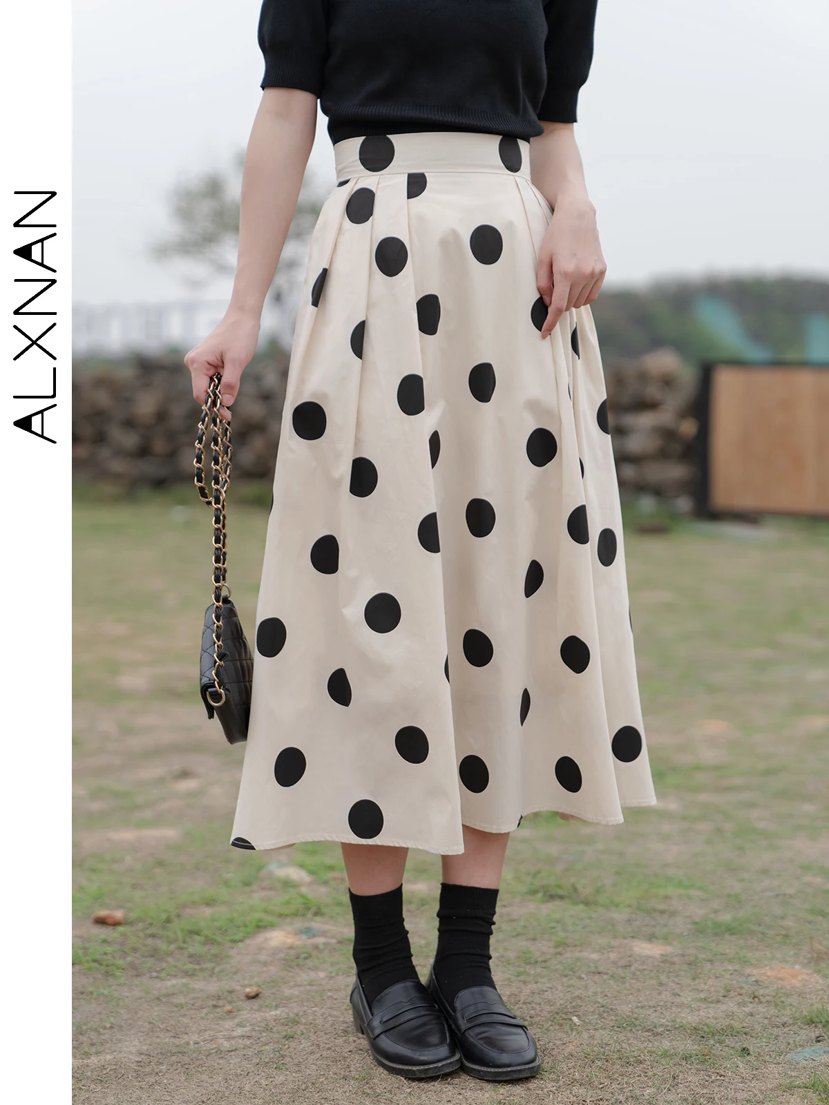 ALXNAN Korean Fashion Polka Dot Midi Skirt for Women 2024 Summer High Waist Pleated Elegant Chic Female Flared Skirts LXN17717