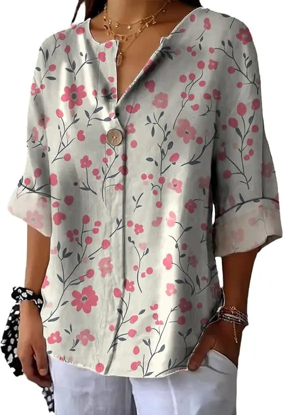 

Women's Fashion Flower & Tree Short Sleeve Oversized V-Neck Shirt Top Loose Ladies Casual Simple Versatile Shirt