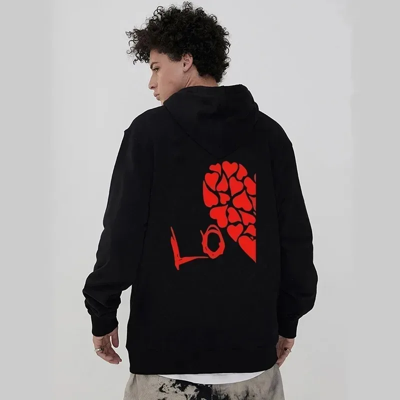 Love Heart Printed Couple Hoodies Loose Oversized Women Men Sweatshirt Lovers Couples Hooded Long Sleeve Tops Casual Pullovers