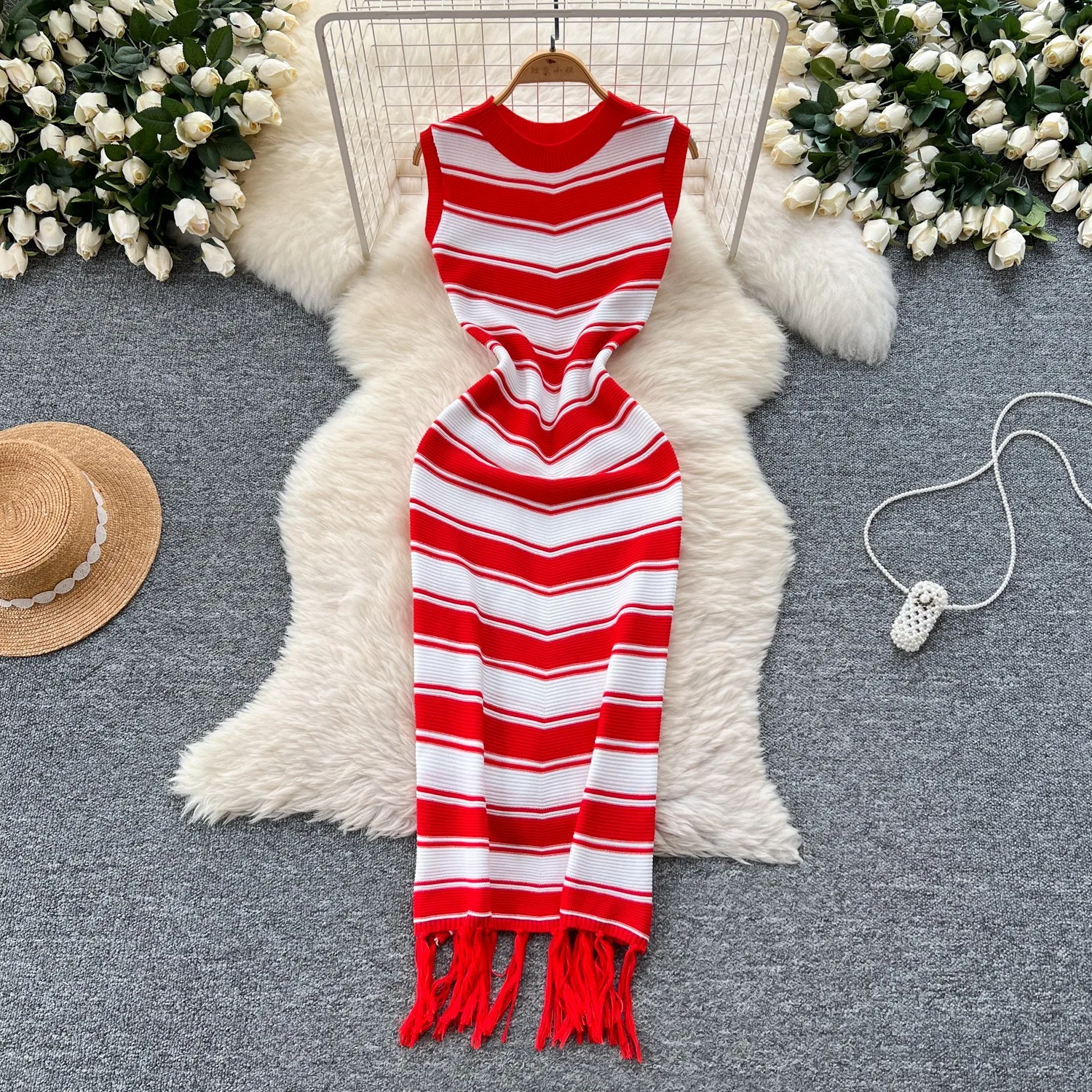 YuooMuoo Brand Fashion Aesthetic Patchwork Knitted Maxi Dress Spring Summer Women Sleeveless Bodcyon Tank Dress Streetwear Robes