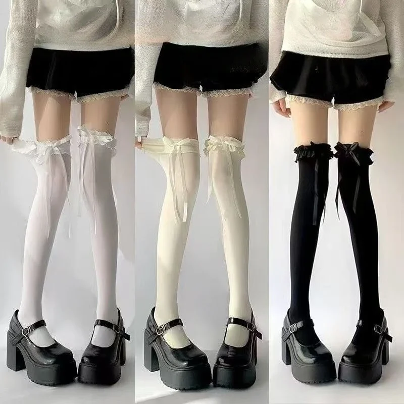 

1/3 Pairs Women Ballet Style Long Socks Lolita Jk Lace Bow Summer Thin Breathable Soft Comfortable Knee Socks