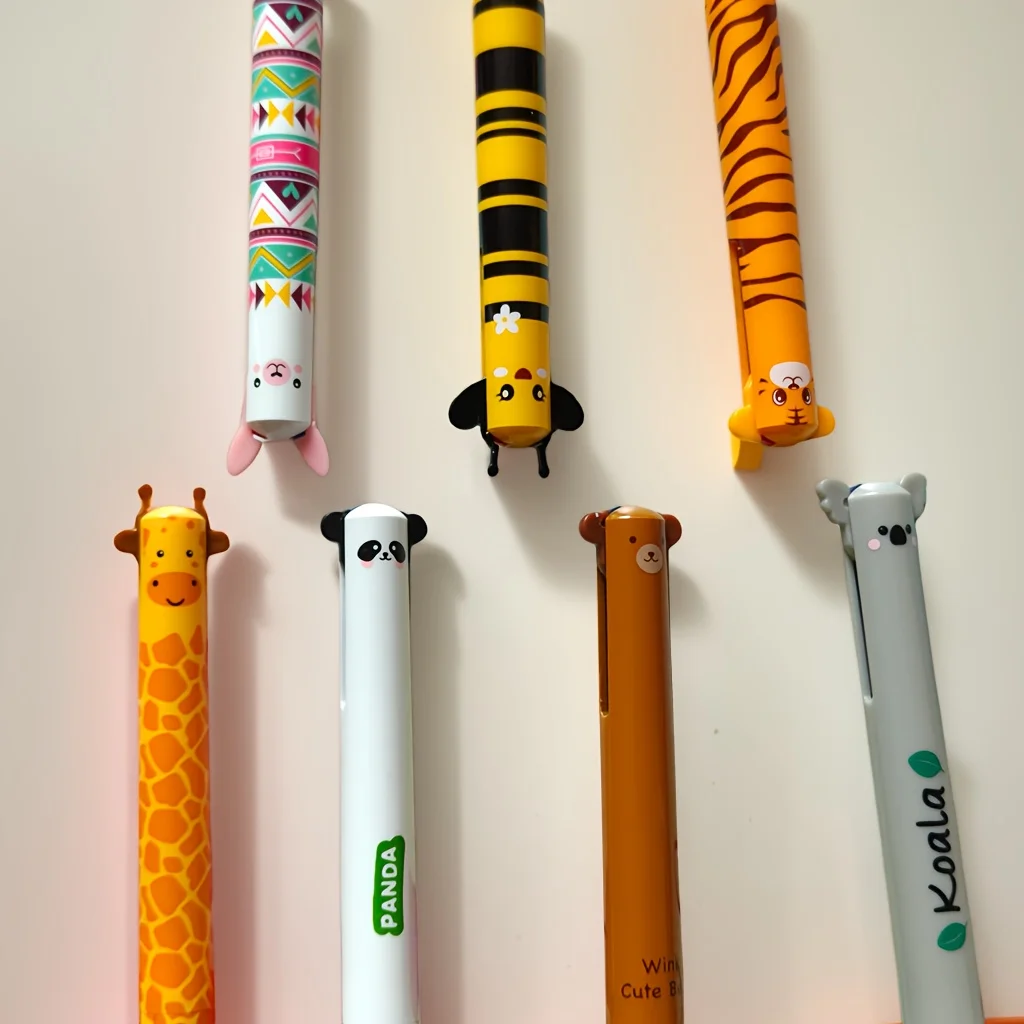 مجموعة من 5 أقلام جل مزدوجة الدفع قابلة للمسح - حبر أزرق/أحمر 0.5 مم، تصميم حيوانات، أقلام حبر جاف أساسية للمدرسة