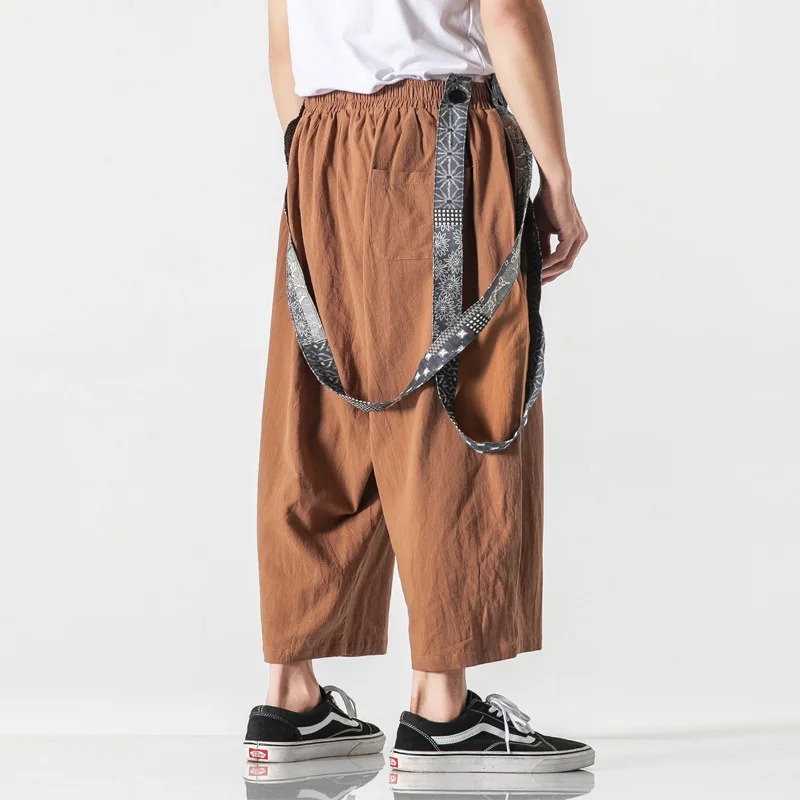 

2022 Chinese Style Loose Plus Size Straight Overalls Harajuku Baggy Pants Men Clothing Oversized Cotton Linen Wide Cropped Pants