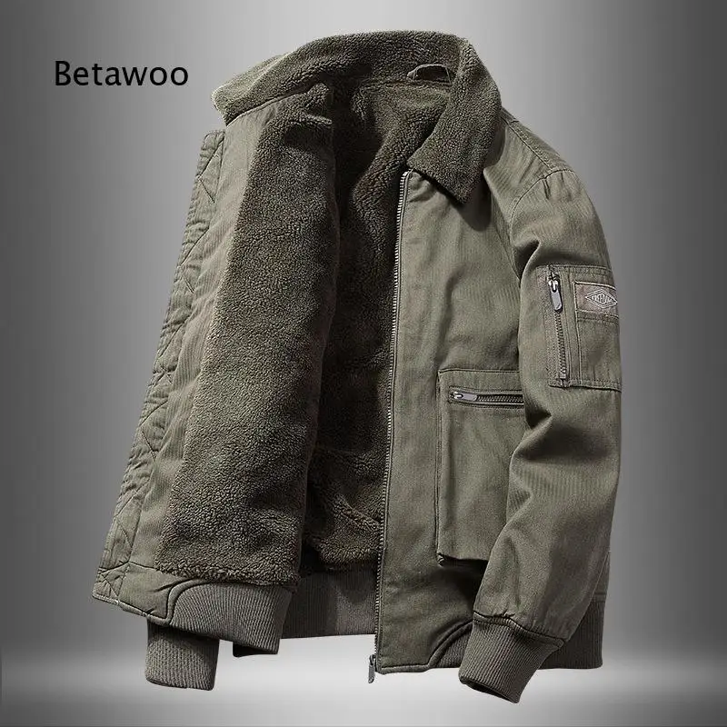 Men Lapel Fleece Lined Work Jacket Zip Up Heavyweight Loose Warm Winter Outerwear for Daily Street Wear
