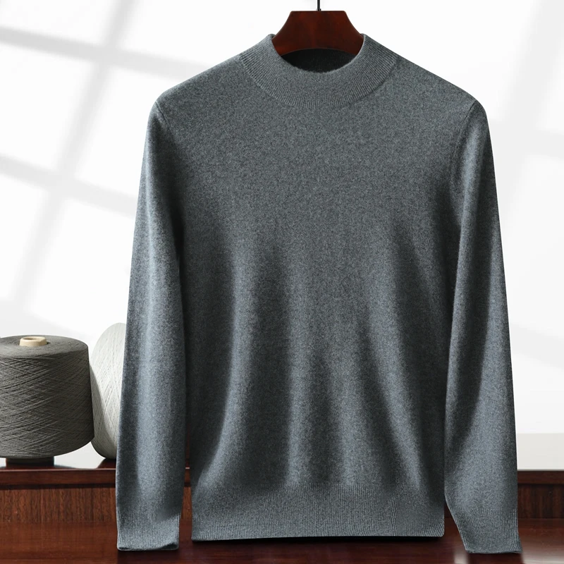 Men's 100% Pure Cashmere Pullover Sweater High Quality Business Casual Knitted Pull Half High Neck Tops Basic Men's Clothing