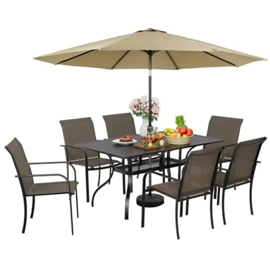 8 Pieces Patio Dining Set with Umbrella, Outdoor Dining Set of 6 Textilene Chairs and Rectangle Table with Umbrella Hole for Ba