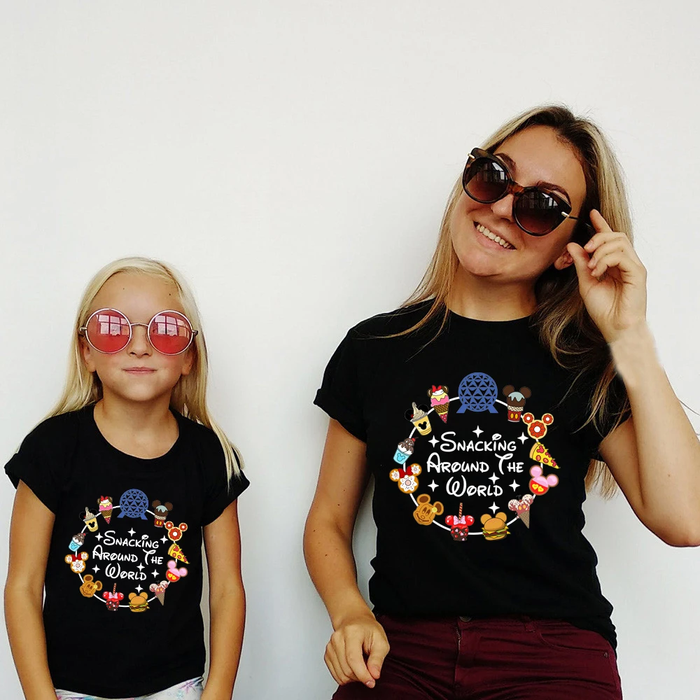 New Disney Snacking Around The World Funny Family Matching Shirts Cotton Dad Mom Kids Tees Baby Romper Family Look Trip Outfits